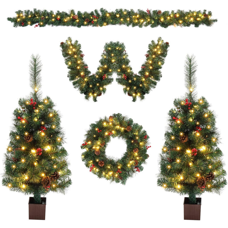 Ensemble de Noël 5 pièces avec lumières DEL, couronne, guirlandes et arbres d'entrée