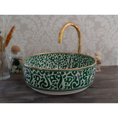 Markeal Handmade Ceramic Bathroom Vessel with Brass Rim Bowl Washbasin 14 Inch Green Flower Sink -  Bungalow Rose, C2EDBF019F4041038287C16AFAB25802