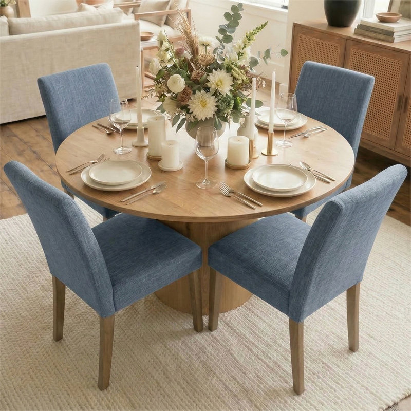 Danayla 4 - Person Dining Table Sets With 41.5'' Round Table & 4 Upholstered Linen Chairs, Blue