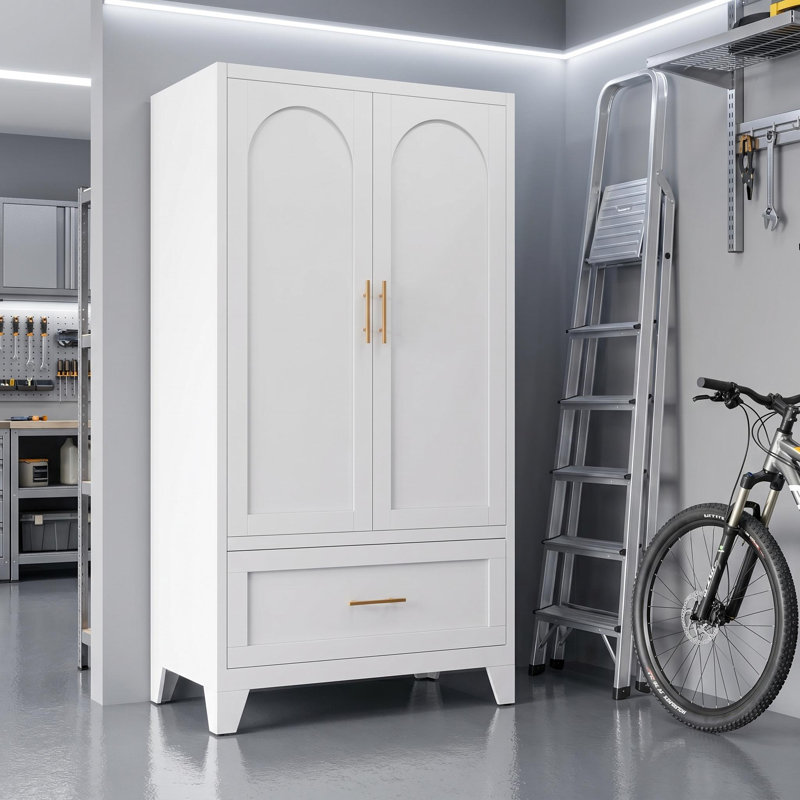 60" H Steel Garage Storage Cabinet with Drawer and Hanging Rod, Bright White, 60 INCH, Bright White