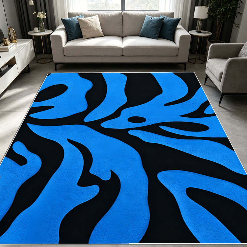 1PC Black and Royal Blue Abstract Zebra-Stripe Leaf Pattern area rugs for Living Room, Soft and Comfortable, Suitable for all seasons, easy-to-maintain, machine washable Indoor floor mat, Under Table Farmhouse suitable for dining table, bedroom,