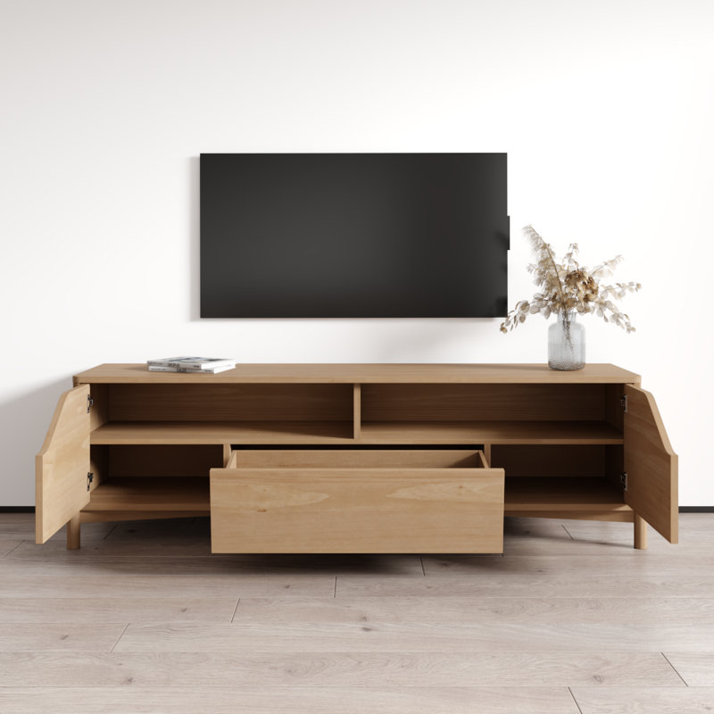Meuble télé en bois massif 70,9 pouces avec 4 portes, un tiroir et des tablettes ouvertes Nest