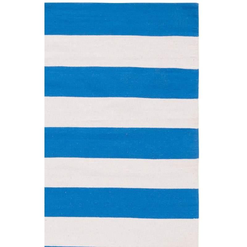 Tapis rayé bleu / ivoire en coton tissé à plat à la main Brookvale, Rectangle 9 pi x 12 pi