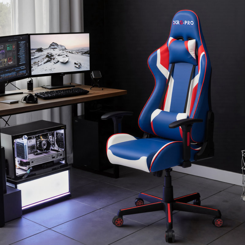 17 Stories Adjustable Reclining Ergonomic Faux Leather Swiveling PC & Racing Game Chair, Blue/Red/White