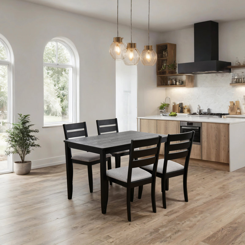 Busey 47" Wide Modern Wood Dining Set With Upholstered Chairs, Black