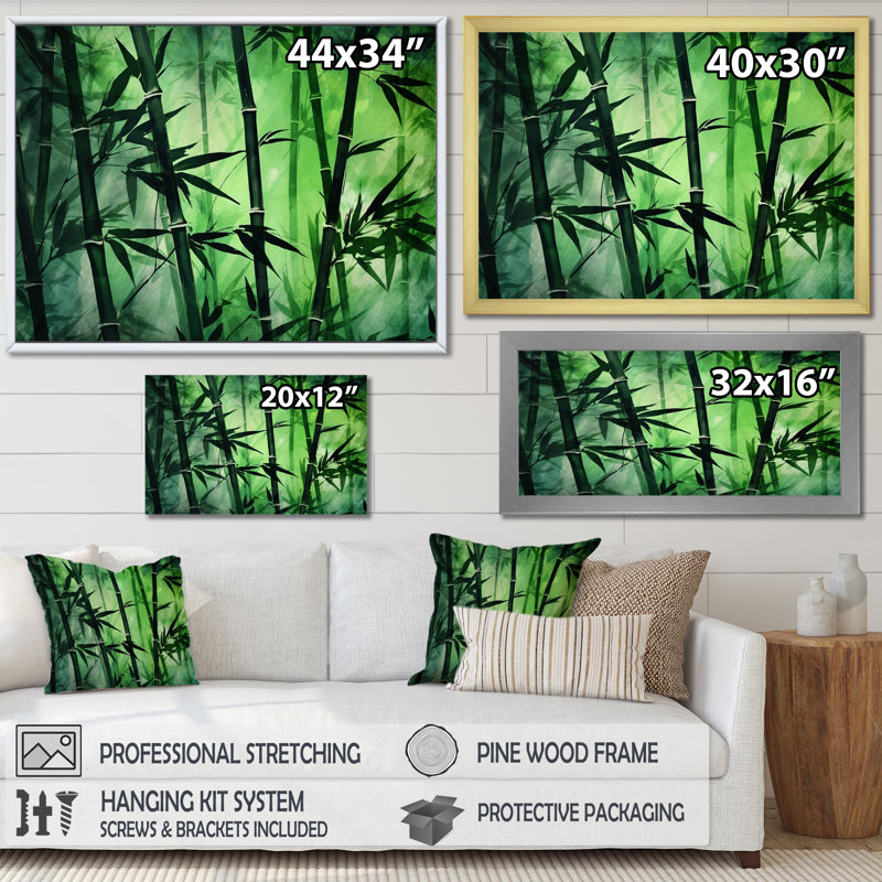Bambou vert foncé et clair sur toile, Cadre naturel flottant, H 12 po x l 20 po x P 1 po