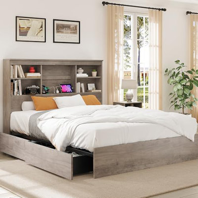 Bed Frame with High Storage Bookcase Headboard, Wood Bed Frame with 4 Storage Drawers, Built in Charging Station