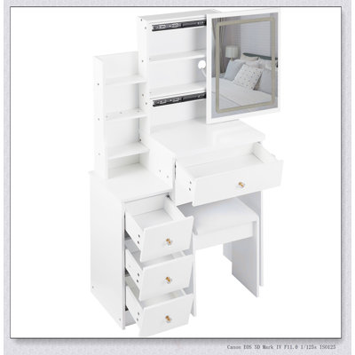 Compact 29.2-Inch Vanity Table With LED Mirror, Power Station, And Hair Dryer Bracket For Small Bedrooms
