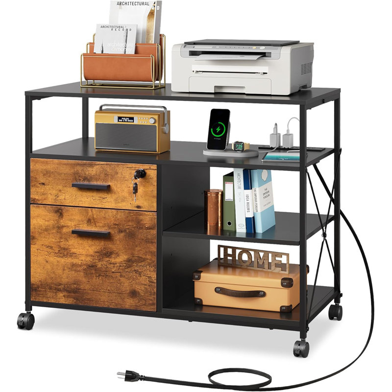 2 Drawer Locking Lateral File Cabinet With Charging Station, Rolling Printer Stand Fit A4/Letter Size, Brown