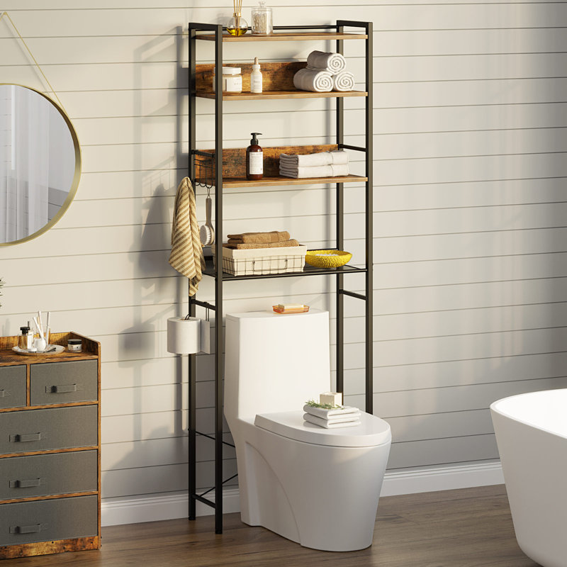 Calirose 23.6" W x 68 "H x 9.4" D Over The Toilet Storage with 4-tier shelf & 4 hooks, Rustic Brown