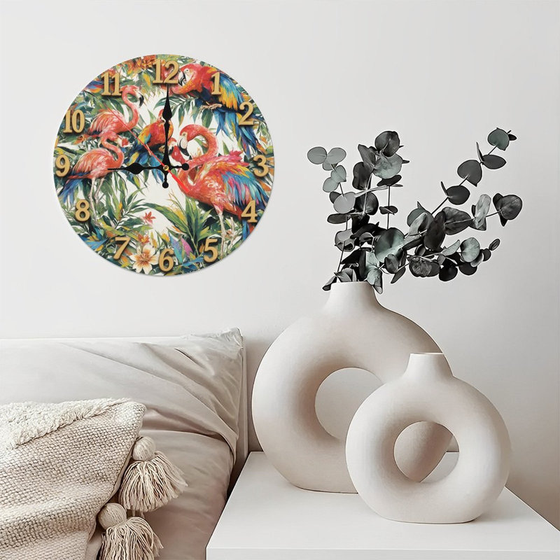 Clock With Tropical Flamingos Parrots