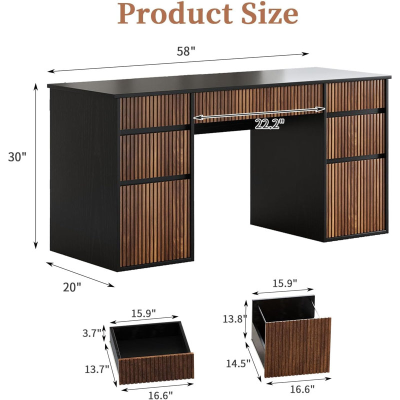 58 Inch White Desk with Drawers, Home Office Desks with 7 Storage Drawers, Executive Desk with File Cabinet, Brown, Black