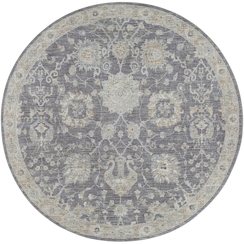 Garlef Machine Woven Oriental Gray/Blue Area Rug, Round 7'