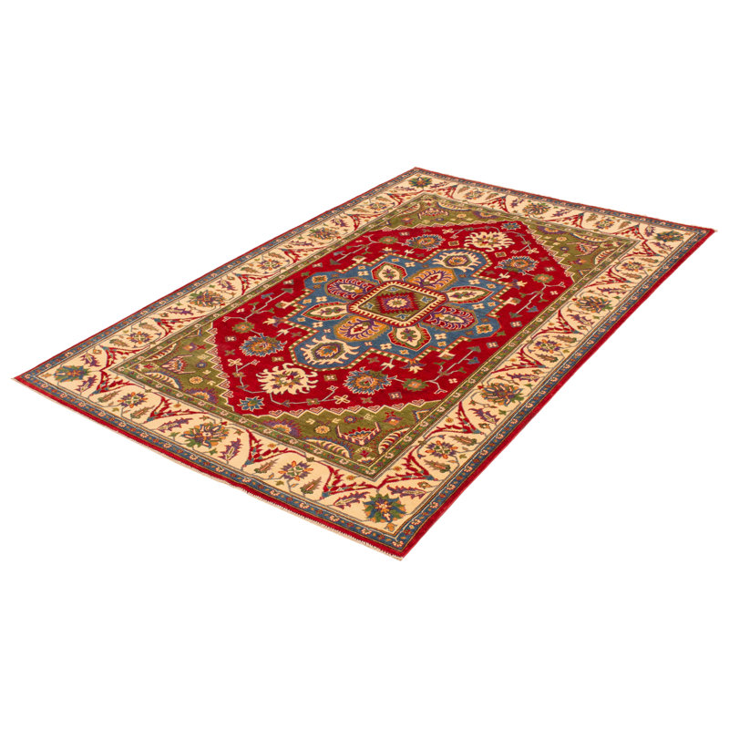 Tapis unique en laine noué à la main 6 pi 7 po x 9 pi 11 po nouvel âge Ollen en rouge foncé / jaune / bleu