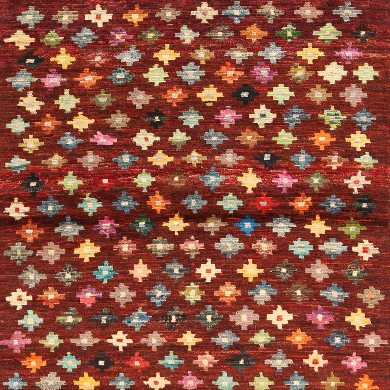 Tapis géométrique rouge / vert / jaune, Carré 5 pi