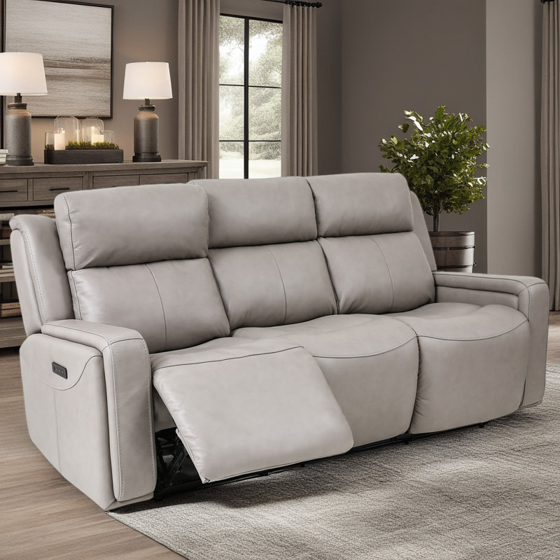 Canapé inclinable Claude en cuir véritable gris clair avec appui-tête et soutien lombaire