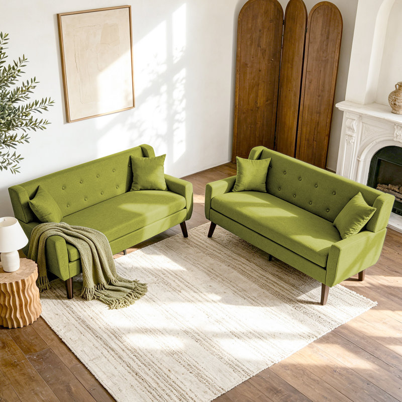 Causeuse rembourrée capitonnée à accoudoirs carrés en mélange de lin, Green Linen Blend