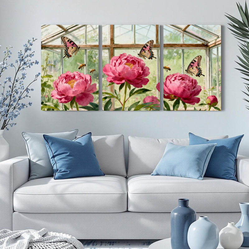 Ensemble de 3 tableaux sur toile tendue représentant des pivoines roses et des papillons dans une serre, H 24 po x l 48 po