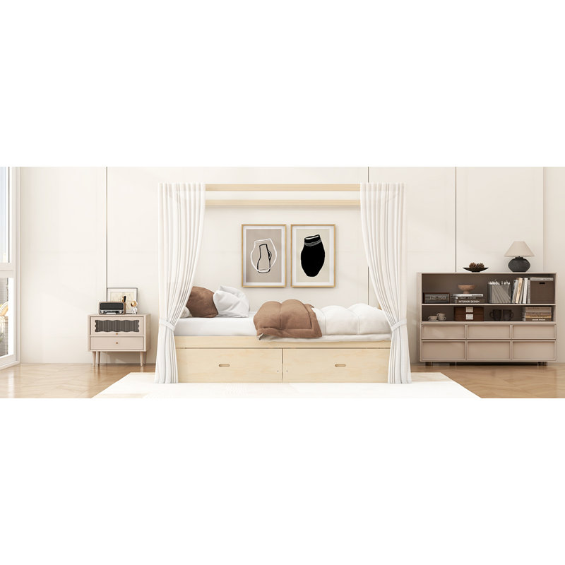 Lit à baldaquin en bois massif avec 2 tiroirs de rangement, structure à lattes, conception compacte pour l'organisation de la chambre à coucher