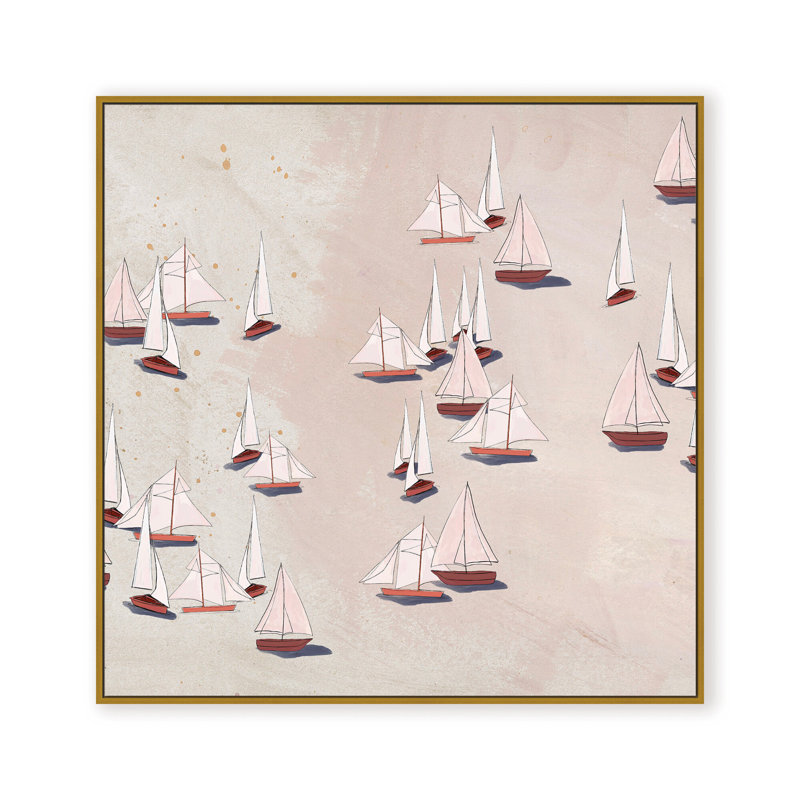 Coastal Retreat Modern Ensemble: Sailboat Odyssey, Beige, Framed Matted Print, 16" H x 16" W