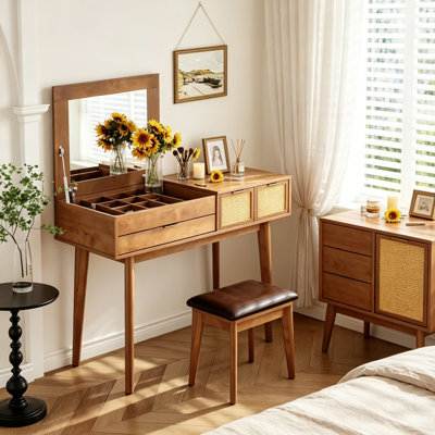 Ensemble de coiffeuse 43,3 "en bois massif et panneau de fibres à densité moyenne avec miroir rabattable, 3 tiroirs et tabouret, coiffeuse Mid-Century