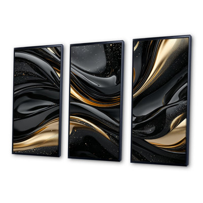 Captivating Gold And Black Marble I - Abstract Modern Waves Wall Art Living Room Set