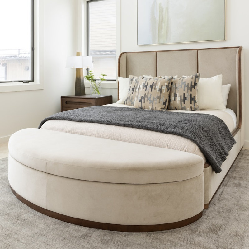 Greer Polyester Blend with Solid Wood with Poplar Veneer Smokey White Queen Bed, Medium Mocha, King