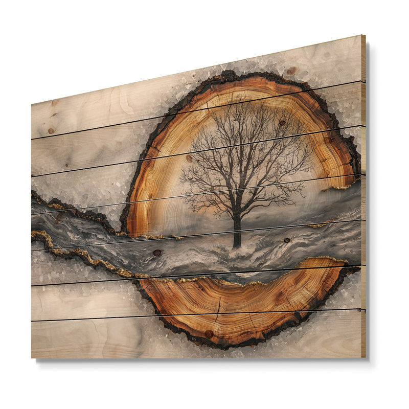 Arbre d'hiver sur un plateau en bois Slide River II - Décoration murale bois de forêt - sur bois de pin naturel
