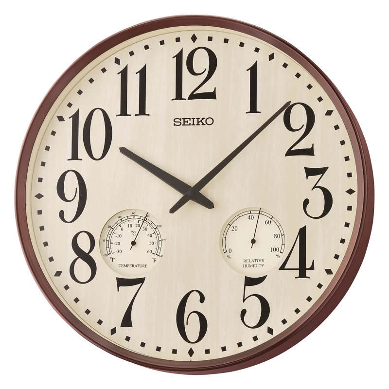 Seiko 16'' Brown Frame Wall Clock with Thermometer and Hygrometer