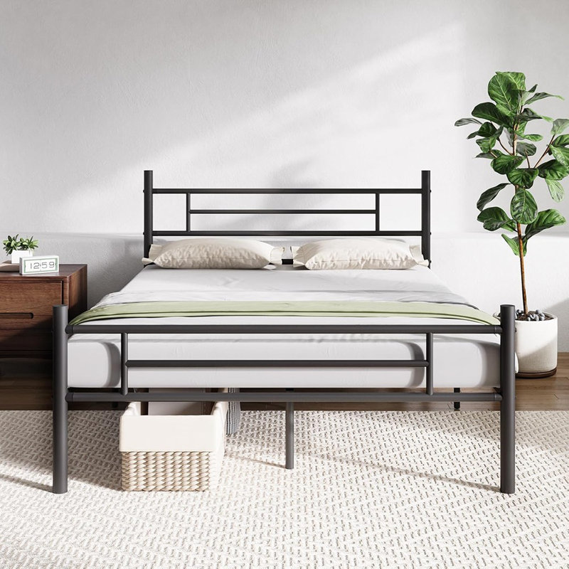Base de lit double avec tête et pied de lit, cadre de lit plateforme en métal de 14 pouces, rangement sous le lit, support solide en lattes de métal, sommier sans sommier