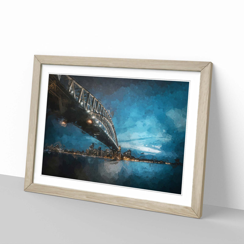 Sydney Harbour Bridge in Australia in Abstract - Picture Frame Graphic Art Print, 27cm H x 36cm W x 2cm D, Oak Framed