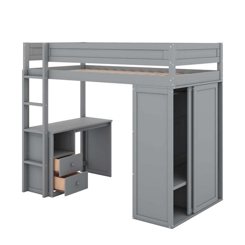 Twin Size Loft Bed With Wardrobes And Desk, Twin, Gray
