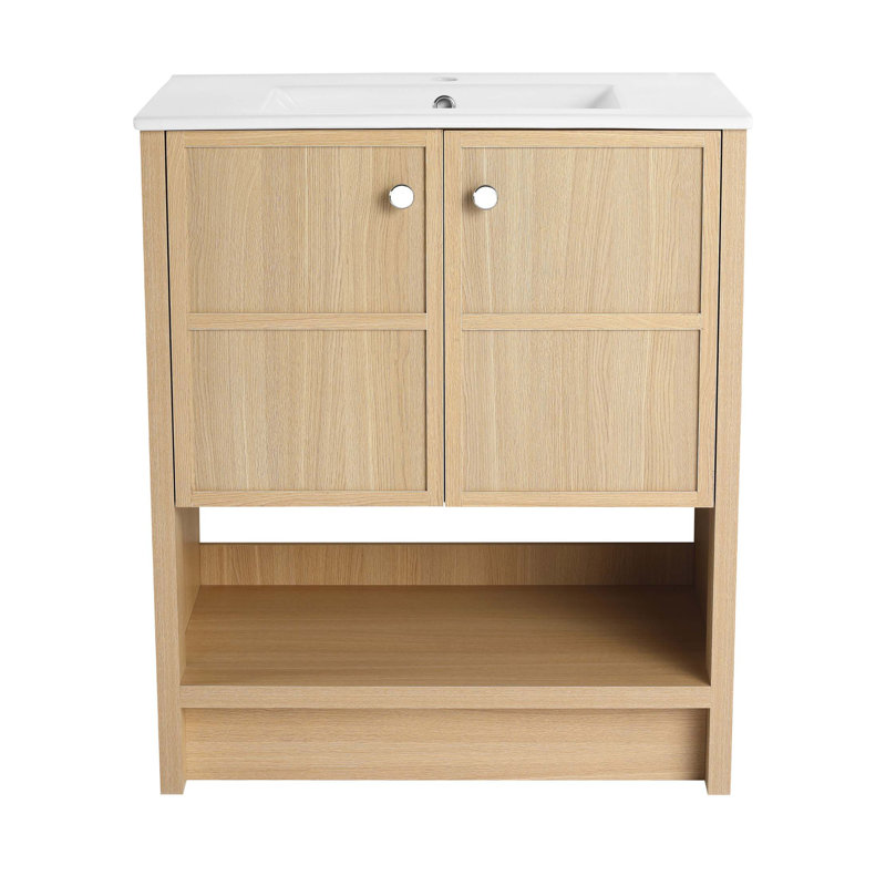 30" Freestanding Bathroom Vanity Whit Ceramic Sink, 2-Soft Closing Door, Plywood