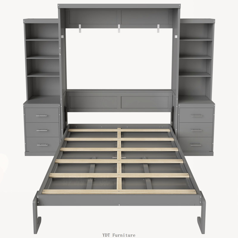 Lit escamotable double avec tablettes de rangement et tiroirs, gris