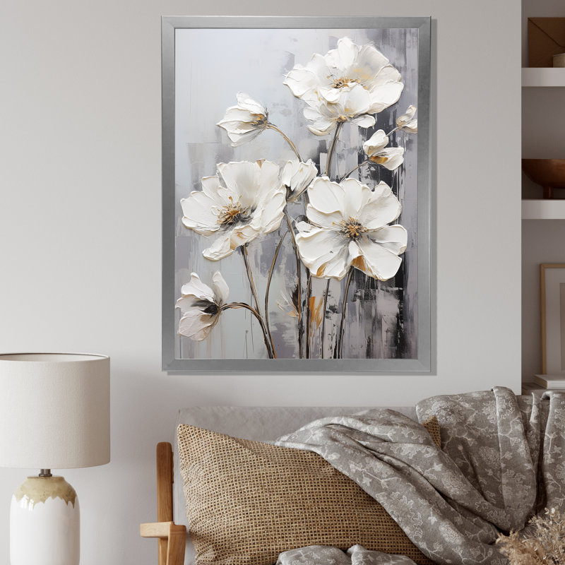 Buttercups Fields On Gray V sur impression sur toile, Cadre simple argenté, H 44 po x l 34 po x P 1,5 po