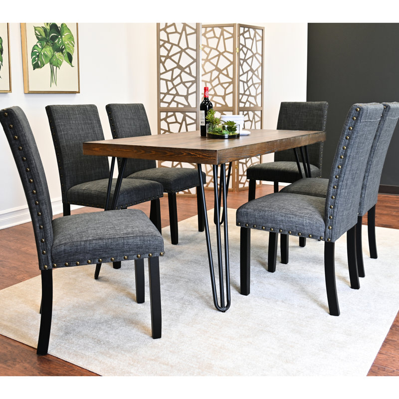 7 Dining , Hairpin Design Table With 6 Chairs, Dark Pine Tabletop Finish, Rectangular For 6, Metal Base Structure Stable