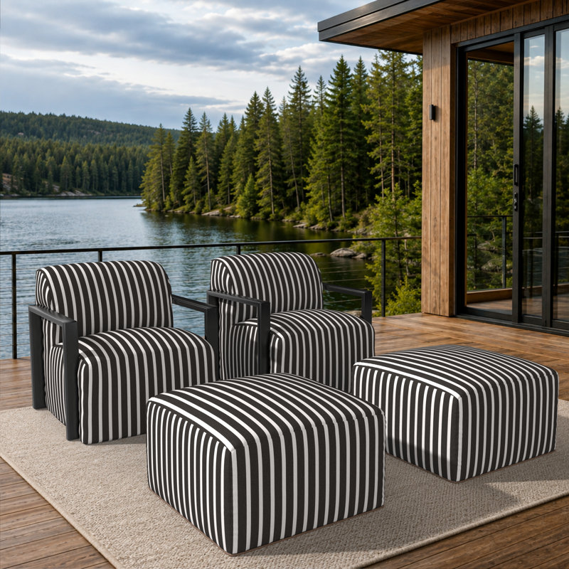Ensemble de patio 4 pièces en aluminium à structure ouverte comprenant une chaise et un repose-pieds rembourrés avec coussins Sunbrella