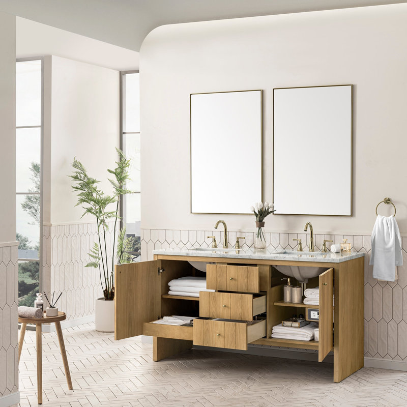 Hudson 60'' Double Bathroom Vanity with Top, Charcoal Soapstone, 8" Widespread, Light Natural Oak