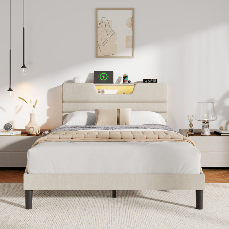Bed Frame With Charging Station, Led Lights, Upholstered Headboard, Full, Beige