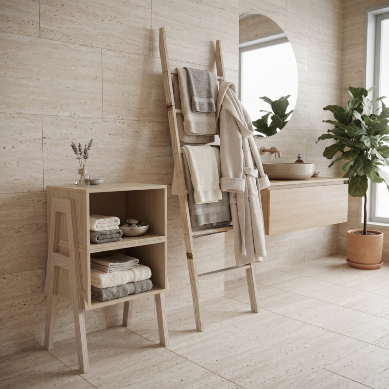 Ensemble de rangement en bois 3 pièces - Table de chevet à cubes empilables et échelle à couvertures, échelle à serviettes empilable et rustique - Ensemble de rangement en pin massif pour chambre ou salle de bain