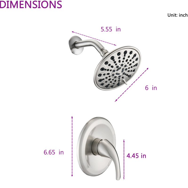 Pomme de douche murale à 6 jets avec soupape et bras inclus, joint réglable à 360 ° sur la tête, trous pour un entretien facile, robinet en plastique nickel brossé