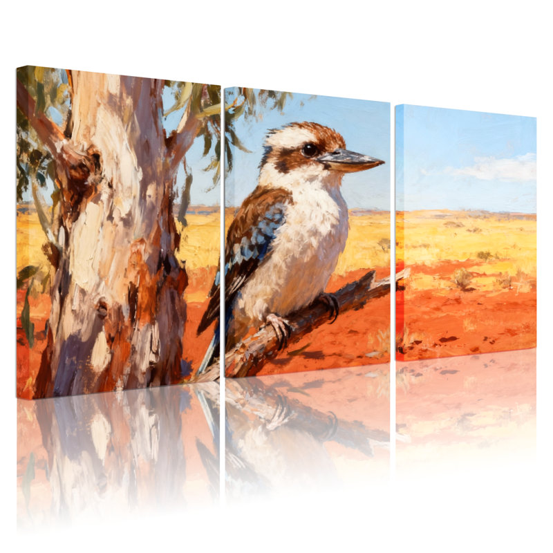 Oiseaux Kookaburra perchés sur une branche dans un paysage de l'arrière-pays, ensemble de 3 impressions sur toile