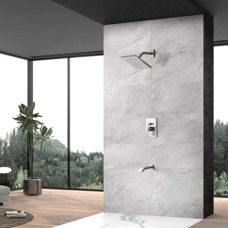 Icon Collection Shower System: 8" Square Rain Shower Head, Tub Spout, & Rough-in Valve Included - Brushed Nickel