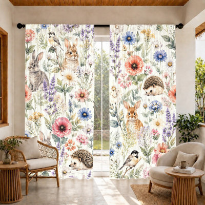 2Pcs Cute Animal Floral Curtains, light filtering fabric, watercolor bunnies hedgehogs and birds print pattern, decorative privacy room divider, rod-pocket design, suitable for kids, nursery, teen, living, bedroom home decor