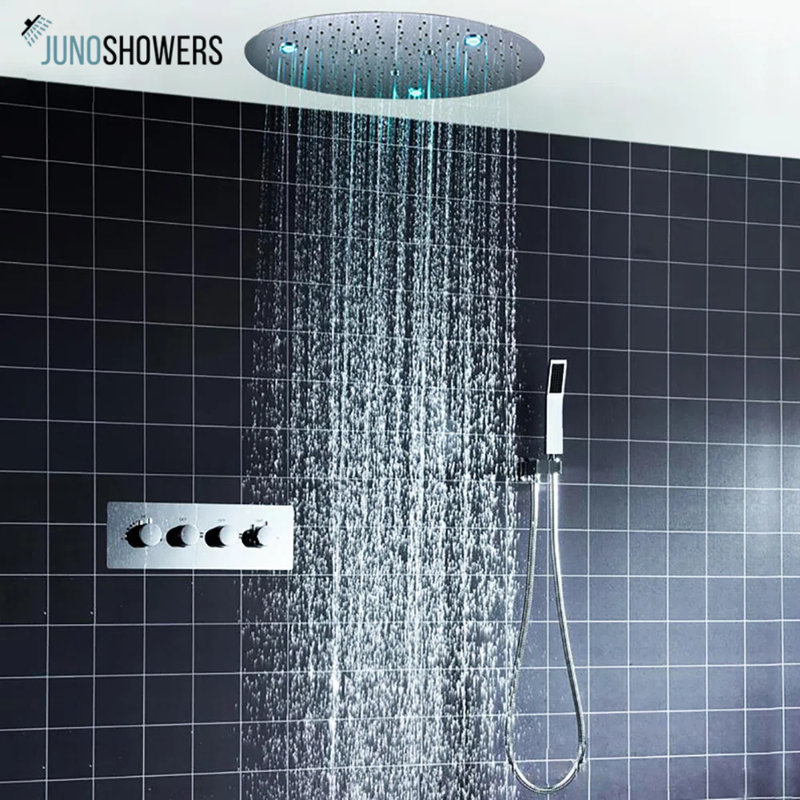 JUNO 20 Inches Round LED Concealed Embedded in Wall Thermostatic Shower with Mixer Valve & Handheld Shower