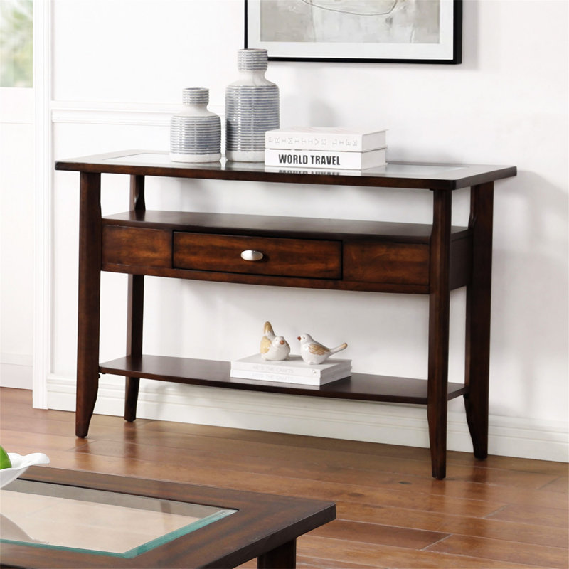 Transitional   Solid Wood 1Pc Sofa Table 5Mm Glass Insert Console Table Top Storage Drawer  Furniture