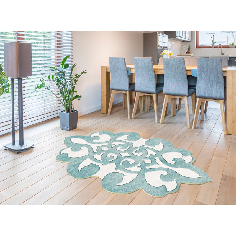 Tapis bleu sarcelle / blanc en polyester tissé à la machine Novelty, Nouveauté 3 pi 3 po x 5 pi 3 po