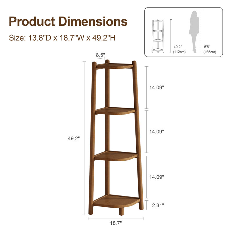 4-Tier Solid Wood Corner Bookcase with Open Display Shelves