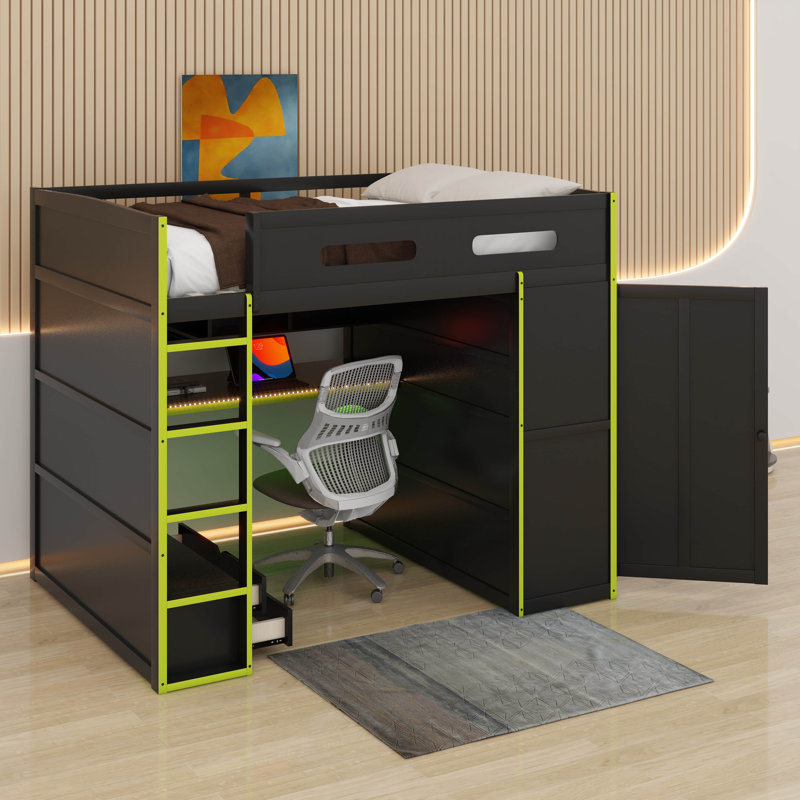 Full Size Wood Loft Bed With Desk,Wardrobe,RGB LED Light And Ample Storage Space, Black/Green