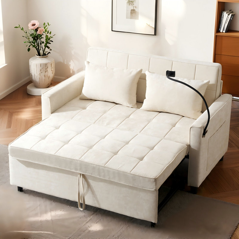 56.9" Chenille Convertible Sofa Bed with Dual USB Ports, Phone Holder & Side Pockets, Beige